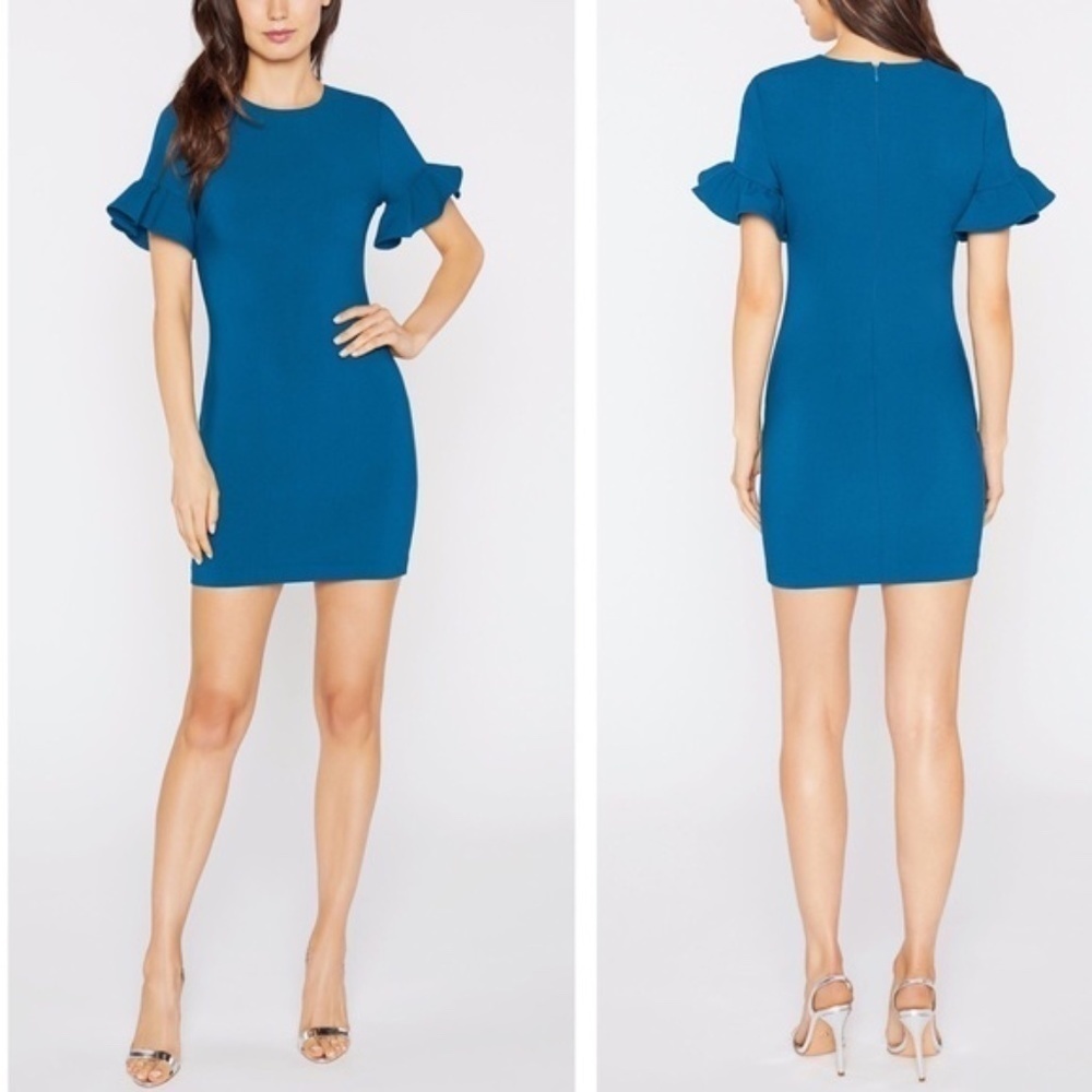 LIKELY Teal Blue Nico Ruffle Short Sleeve Jewel Neck Fitted Mini Dress S…